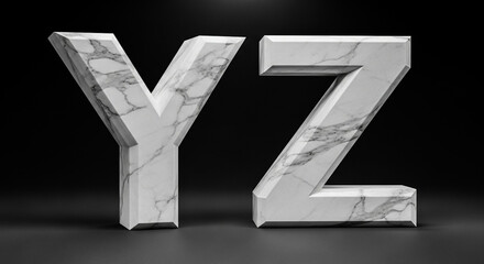Three dimensional white marble letters Y and Z are displayed prominently against a dark, moody background, highlighting their textured surfaces and clean lines.