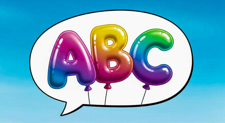 Three colorful gradient alphabet balloons spelling ABC float inside a speech bubble, set against a soft blue sky background.