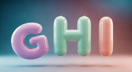 Three oversized, rounded, pastel alphabet letters G, H, and I are rendered in a soft 3D style, appearing to float against a blurred, gradient backdrop.