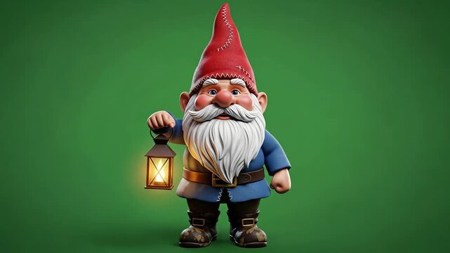 A charming garden gnome holding a lantern, standing against a green background