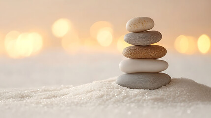 Pebble stack placed at the center of a white sand garden, soft beige background glowing in warm ambient light,