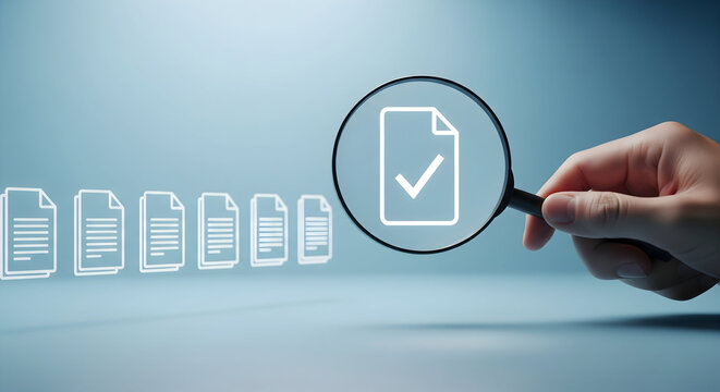 Magnifying glass inspects document with checkmark, highlighting key information