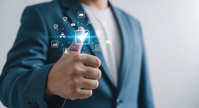 Businessman showing thumbs up with security icons, representing cyber protection