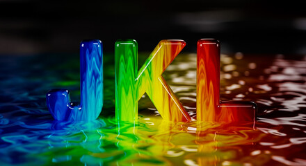 Vibrant rainbow letters j k l emerge from a colorful liquid creating a mesmerizing and artistic visual spectacle with a blurred dark background