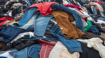 A jumbled mountain of preowned garments, including jeans, jackets, and tops, is piled up for repurposing textile