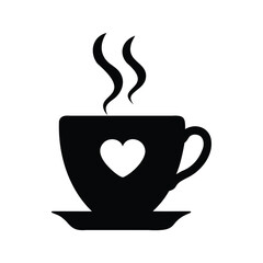Stylized black vector graphic of a hot cup of coffee with heart, coffee cup with heart steam silhouette vector illustration