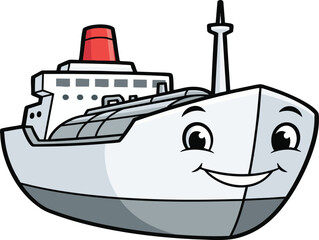 Obraz premium Cartoon cruise ship sails happily on the open sea, its cheerful face and vibrant colors creating a playful and inviting atmosphere for young viewers.