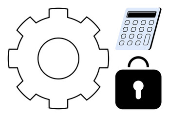 Gear, padlock, and calculator representing workflow, innovation, finance, data protection, productivity organization and security. Ideal for business strategy cybersecurity and planning. Simple