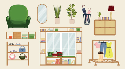 Set of home decoration equipment in cartoon style. Vector illustration: armchair, mirror, houseplants, umbrella stand, chest of drawers, bookshelves, accessories, windows, rack with clothes, shoes. © MVshop