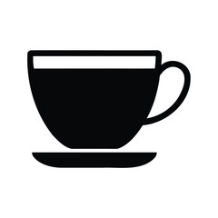 Black and white minimalist illustration of a coffee cup and saucer, espresso cup icon silhouette vector illustration