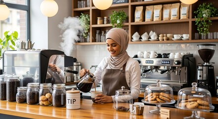 Smiling barista in a hijab carefully pouring freshly brewed coffee into a ceramic cup at a cafe.