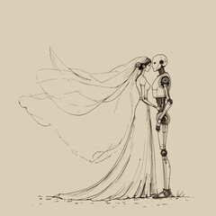 sketch of a robot and a bride in an emotional embrace