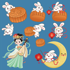 Vintage Mid Autumn Festival poster design with the rabbit, Chinese Goddess of Moon character. Translation: Mid Autumn Festival, Fifteen of August.