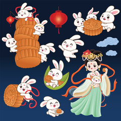 Vintage Mid Autumn Festival poster design with the rabbit, Chinese Goddess of Moon character. Translation: Mid Autumn Festival, Fifteen of August.