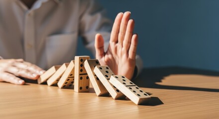 Hand stopping dominoes from falling, representing risk management and prevention