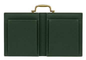Isolated dark green leather briefcase with gold handle for business documents, office work