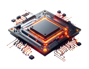 High-tech CPU on circuit board, glowing orange