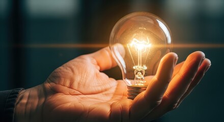 Close up of hand holding a glowing light bulb as a symbol of idea and innovation