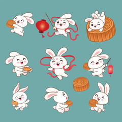 Vintage Mid Autumn Festival poster design with the rabbit, Chinese Goddess of Moon character. Translation: Mid Autumn Festival, Fifteen of August.