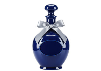 Isolated Blue Glass Decanter with Silver Ribbon – Decorative Bottle for Liquid, Perfume, or Scent