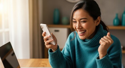 Happy asian woman celebrating success while looking at her phone at home