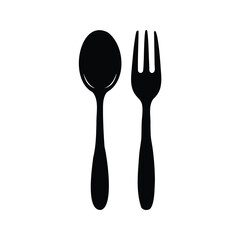 Black silhouette image of a fork and a spoon, isolated design, spoon and fork silhouette vector illustration