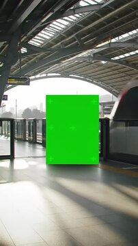 Green screen billboard on a modern train station platform with a high-speed train arriving and departing