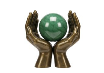 Isolated Bronze hands statue holding a green sphere, concept of protection and care theme