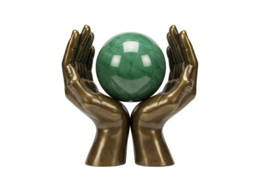 Isolated Bronze hands statue holding a green sphere, concept of protection and care theme