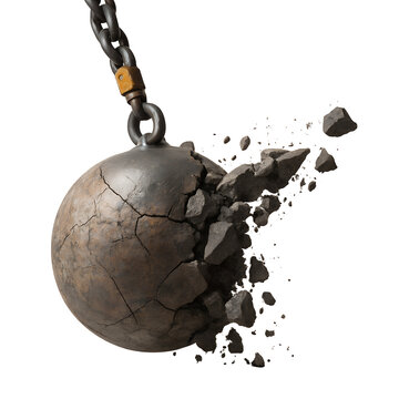 Cracked wrecking ball breaking apart isolated on transparent background