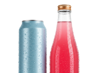 Isolated can and bottle of refreshing drink, cold beverage with water droplets surface