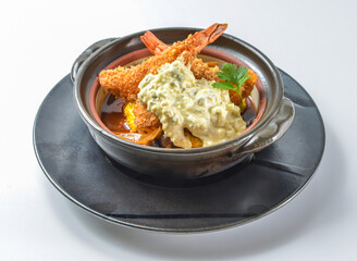 Fried Shrimp and Omelet with Tartar Sauce Served in a Pot side view of japanese food