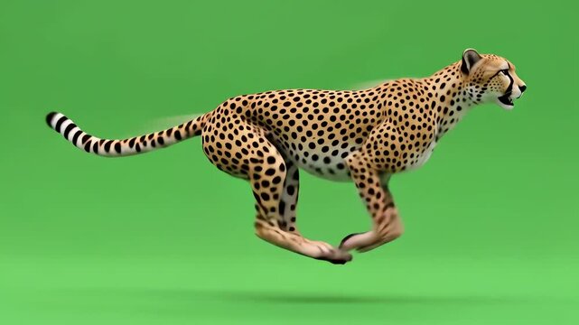 A cheetah running at full speed on a green screen background