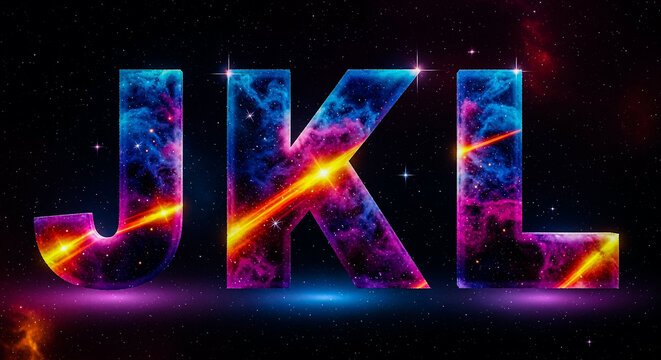 Three large, glowing letters J, K, and L are rendered with a cosmic nebula texture, emitting soft light and vibrant colors.