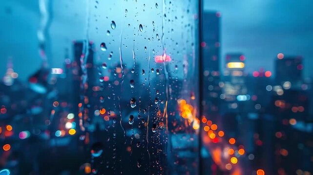 Rainy Cityscape: Window View of Urban Lights and Raindrops