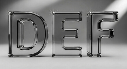 Three dimensional transparent glass letters D E F stand in a row, illuminated by soft light casting gentle shadows, suggesting clarity and sophistication.