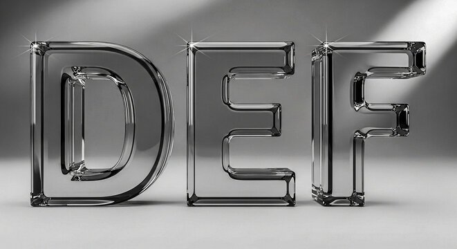 Three dimensional transparent glass letters D E F stand in a row, illuminated by soft light casting gentle shadows, suggesting clarity and sophistication.