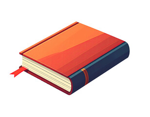Flat illustration of a closed book, terracotta colored cover, navy blue spine, and a crimson bookmark