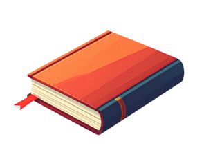 Flat illustration of a closed book, terracotta colored cover, navy blue spine, and a crimson bookmark