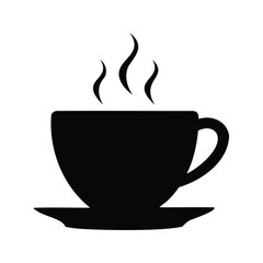 Black silhouette of a hot coffee cup and saucer, steaming up, coffee cup silhouette vector illustration