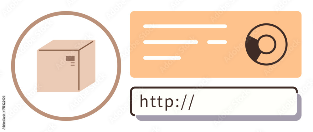 Poster cardboard box beside analytics chart and website input field representing package tracking and logis