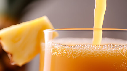 Pineapple juice is poured into glass. Fresh pineapple chunks complement the bright drink, creating a vibrant, tropical ambiance, a healthy beverage choice.