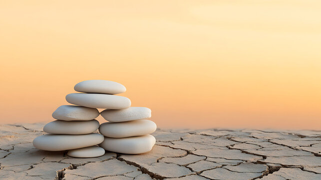 Vertical arrangement of pale stones on a dry cracked earth surface, set against a dusky pastel orange sky evoking peaceful stillness,