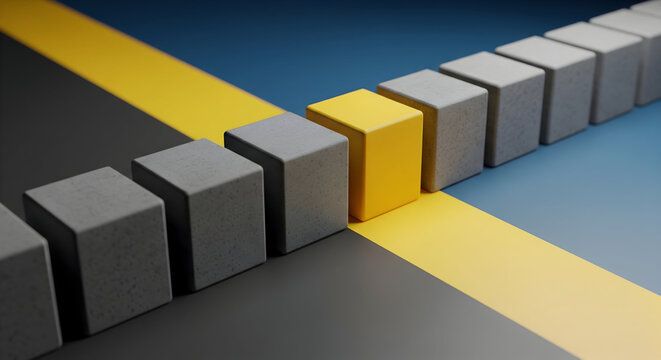Unique yellow block stands out from the crowd, business concept, innovation
