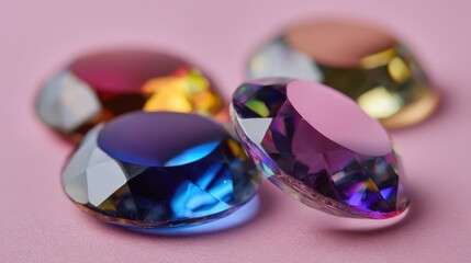 Four iridescent faceted gems sparkle on a soft pink surface with colorful reflections, highlighting their facets and vibrant rainbow hues.