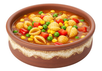 Isolated bowl of minestrone soup with shell pasta, peas, corn, and diced bell pepper