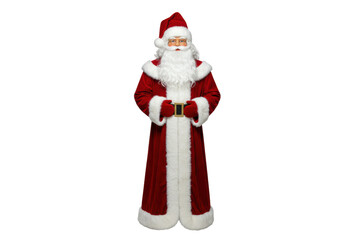 Isolated Santa Claus in luxurious red velvet costume poses for holiday photographs studio shot