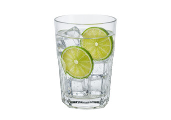Isolated glass of water with ice cubes and lime slices, summer refresher, thirst quencher