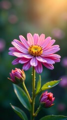 Obraz premium Pink zinnia flowers with a bee gathering nectar in a sunlit garden setting