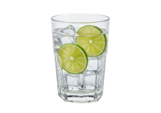 Isolated glass of water with ice cubes and lime slices, summer refresher, thirst quencher